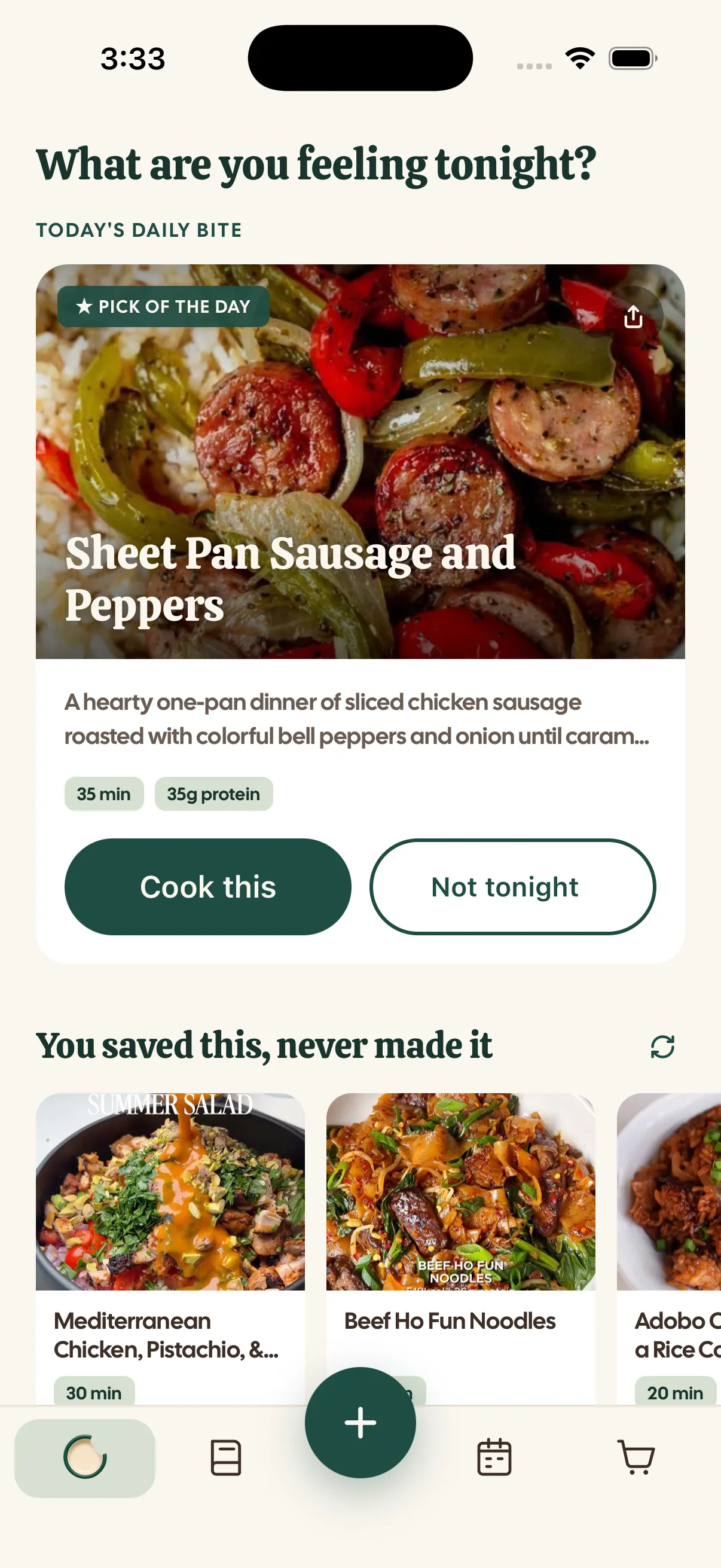 Daily Bite's tonight pick screen showing a suggested recipe