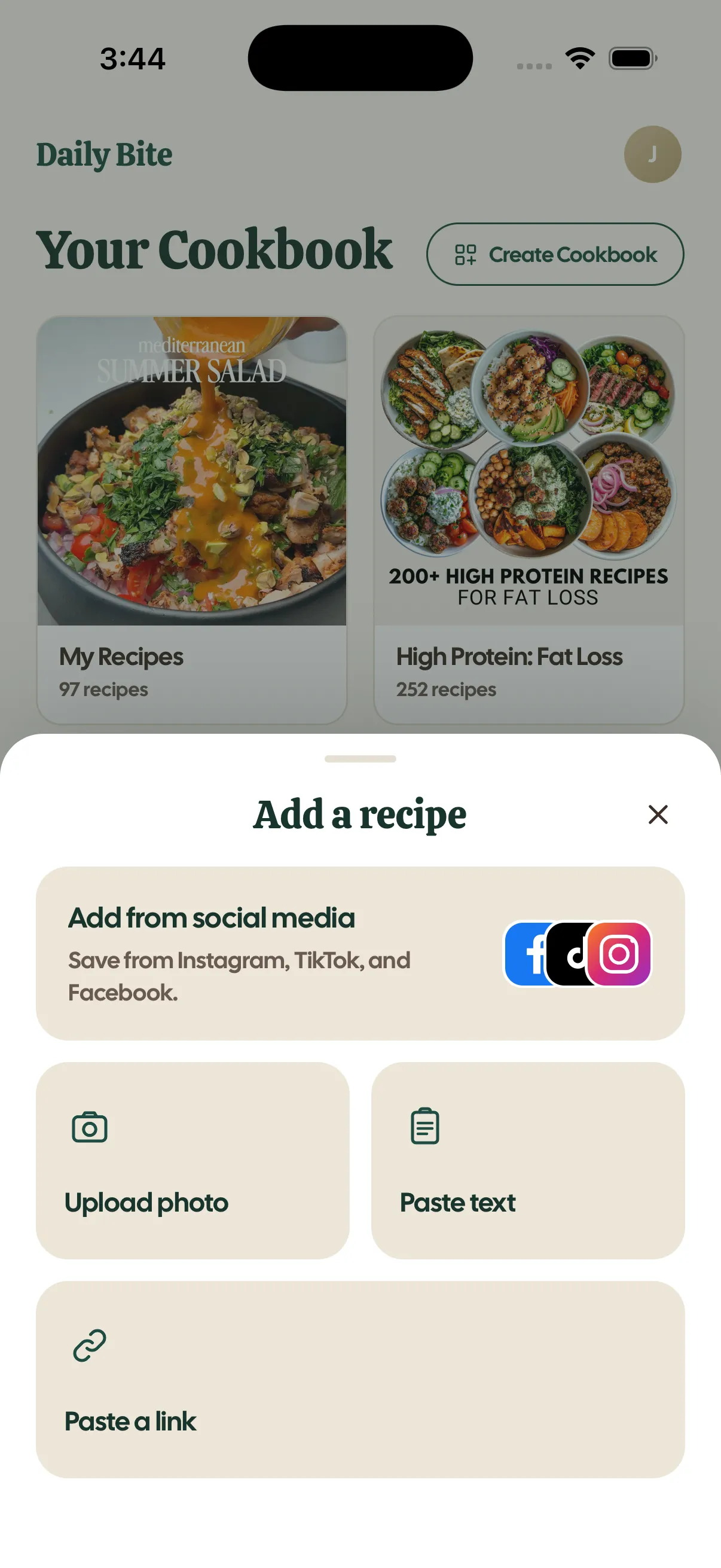 Daily Bite paste-a-link recipe import screen
