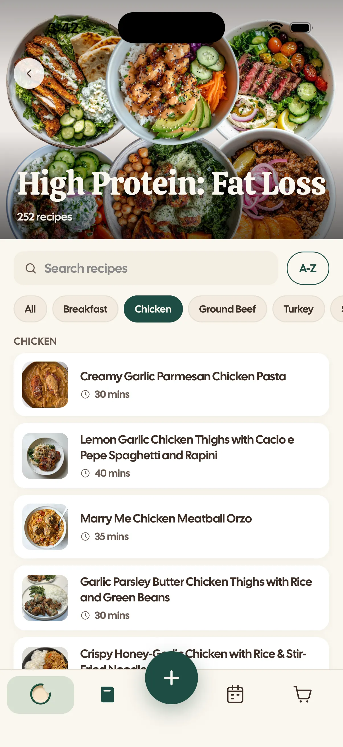 Daily Bite cookbook grid showing a library of recipes