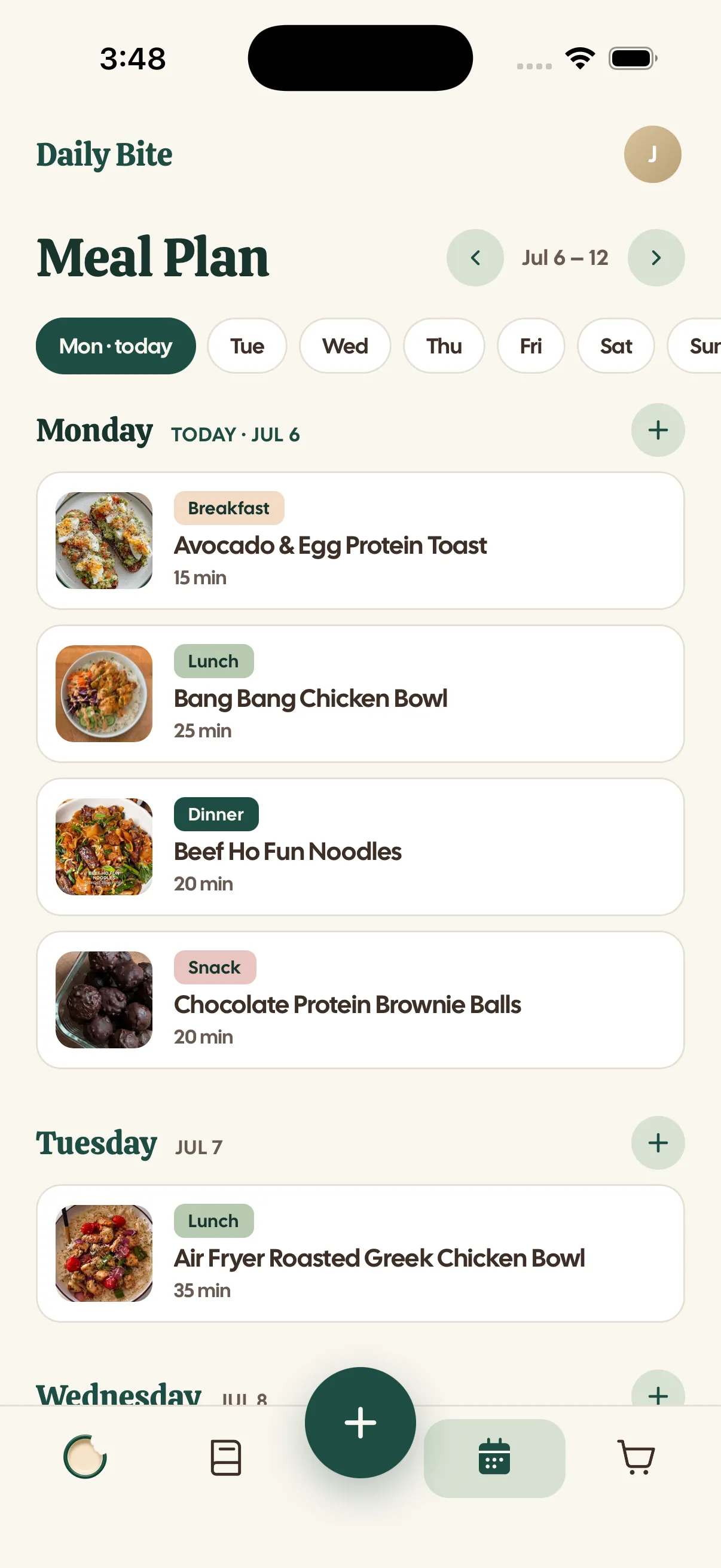 Daily Bite weekly meal plan view